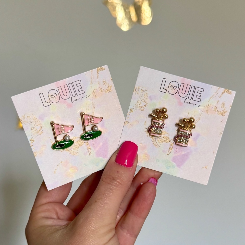 Pink and Gold GOLF Stud Earrings - Picture 3 of 4